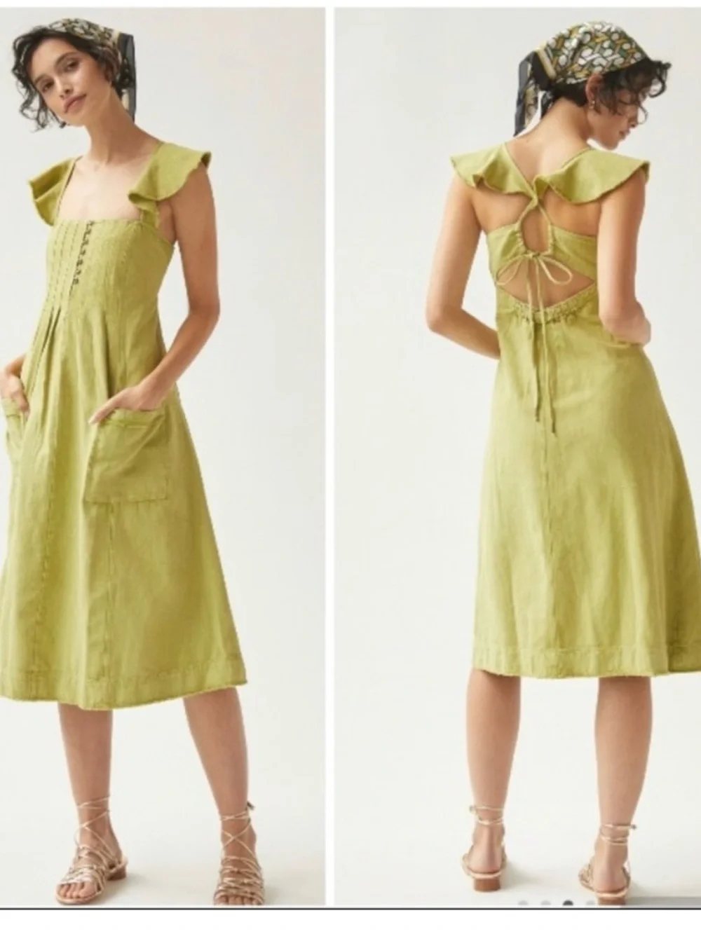 Free People Olive Green Ruffle-Sleeve Midi Dress
